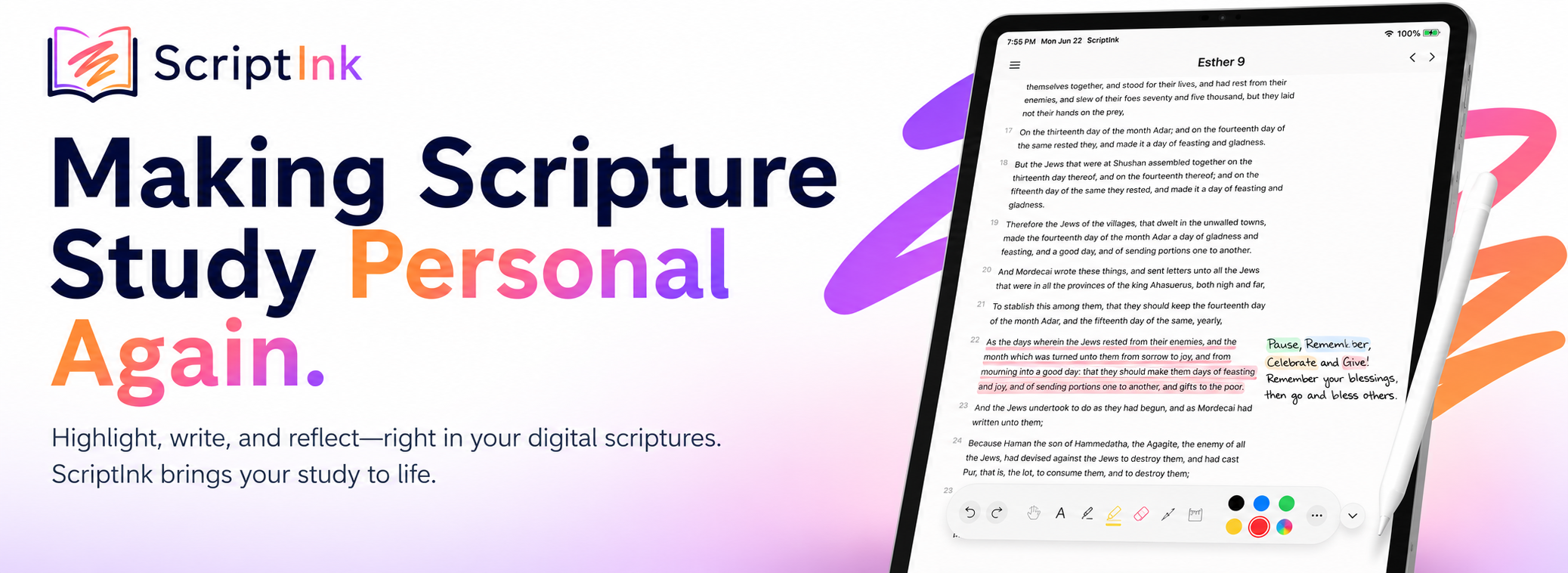 ScriptInk app banner showing an iPad scripture study screen with handwritten notes and the headline Making Scripture Study Personal Again.