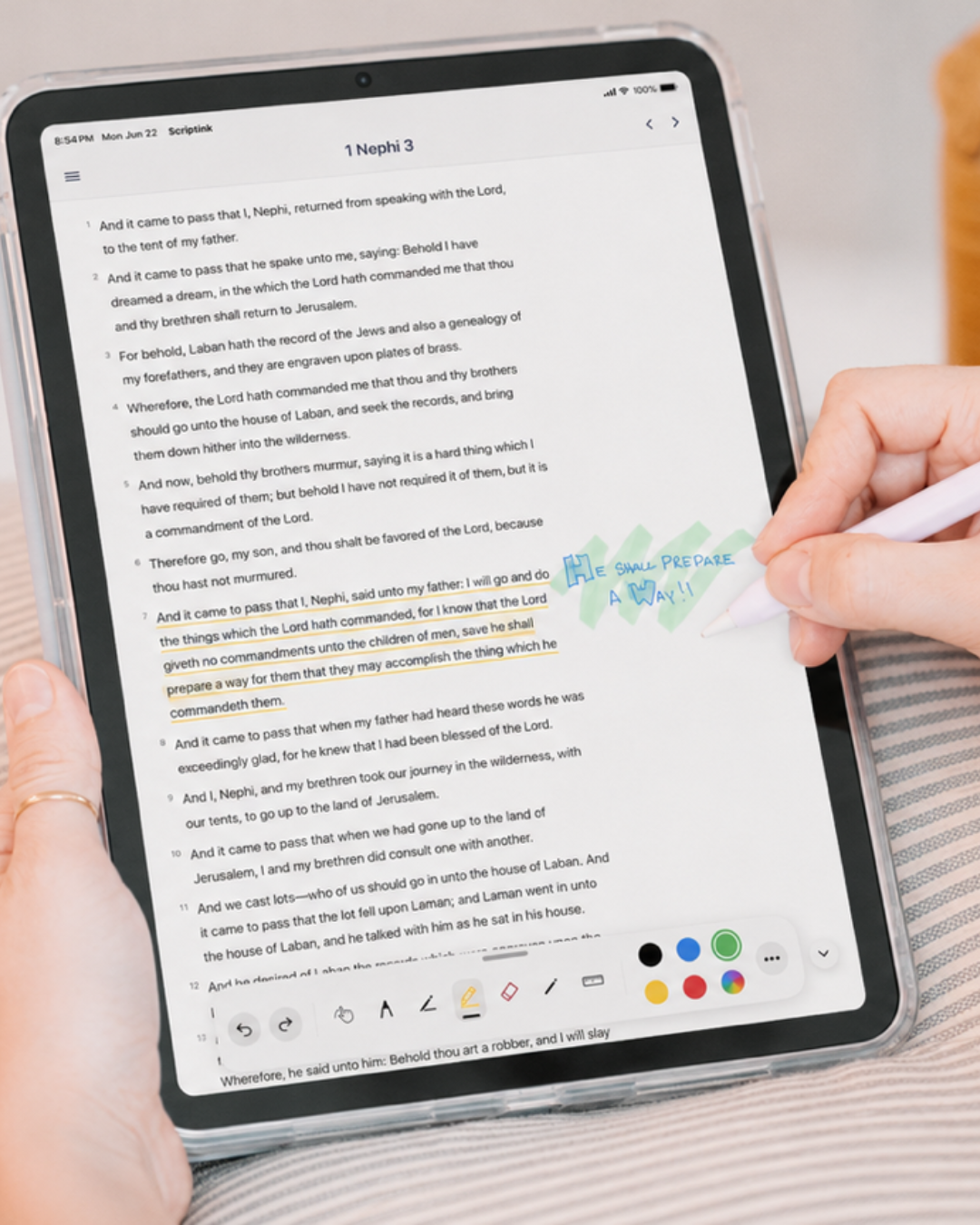 ScriptInk on an iPad with highlighted scripture and handwritten notes