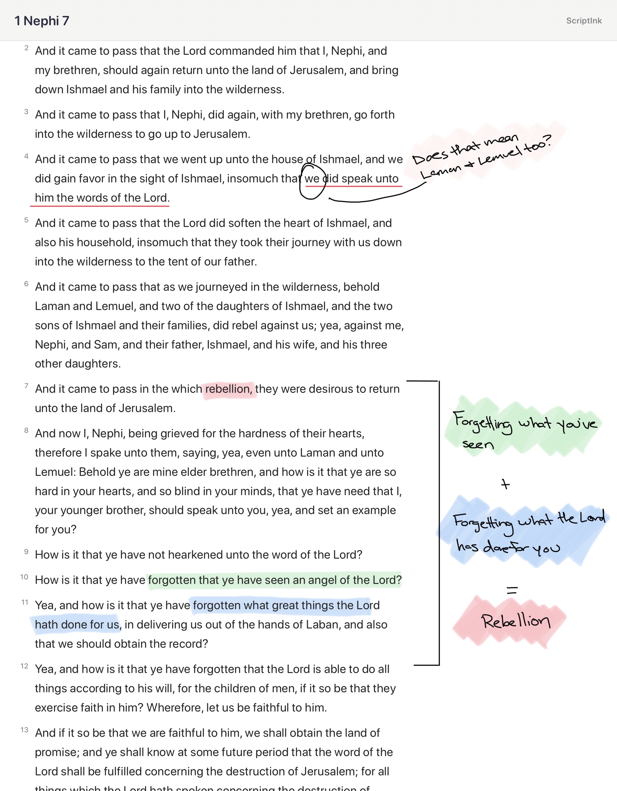 ScriptInk scripture page with highlights and handwritten study notes